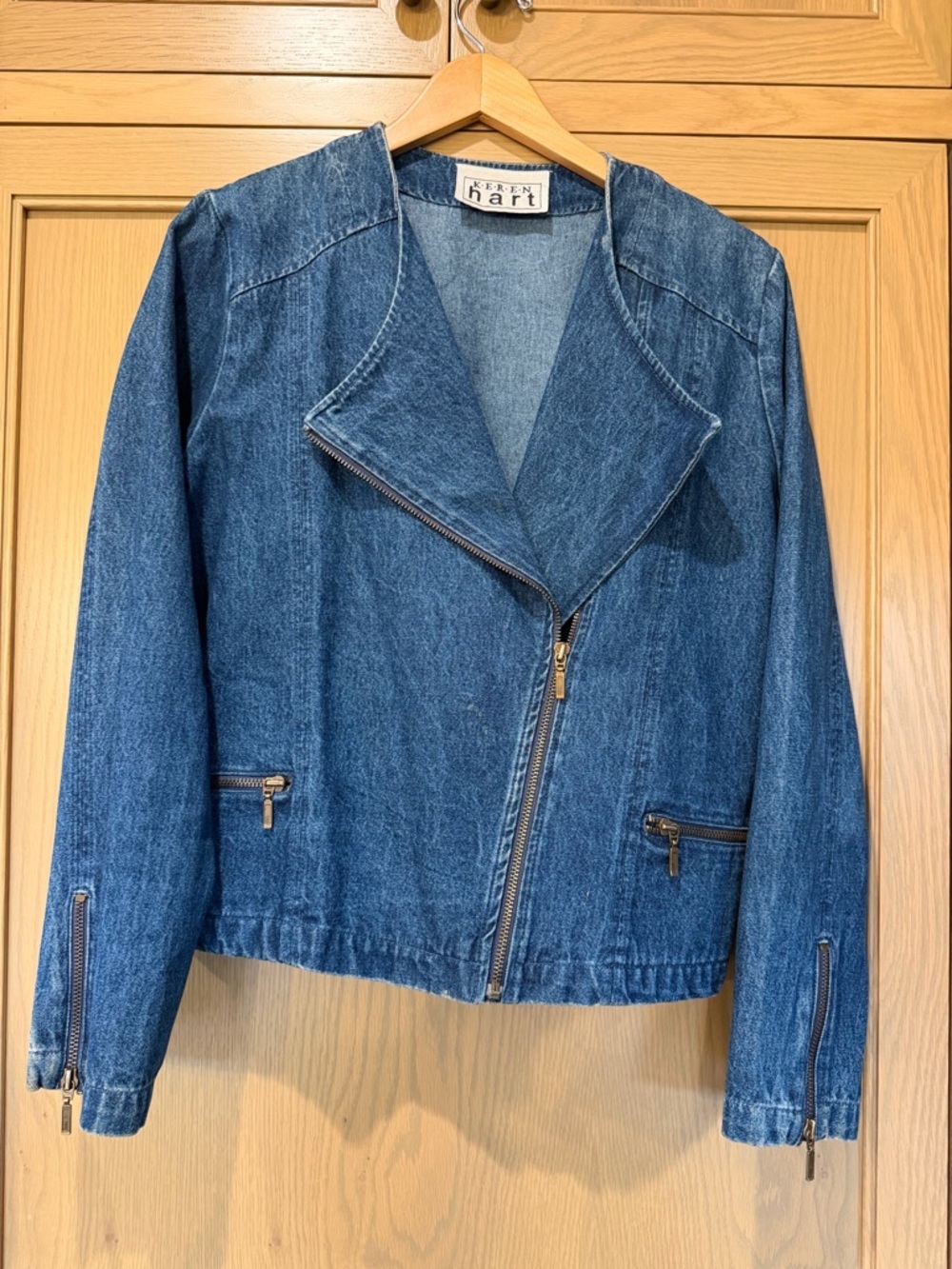 Vintage KEREN hart Blue Denim Jacket Zipper Front Collar / Med/Large